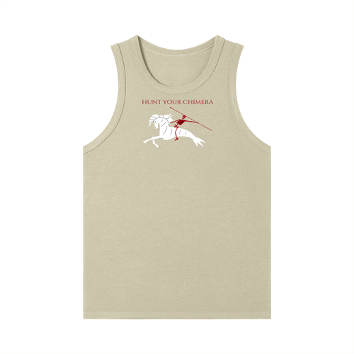 Beige tank top with graphic design and text on a white background