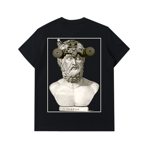 Black t-shirt with a graphic of a classical bust with modern goggles on a white background